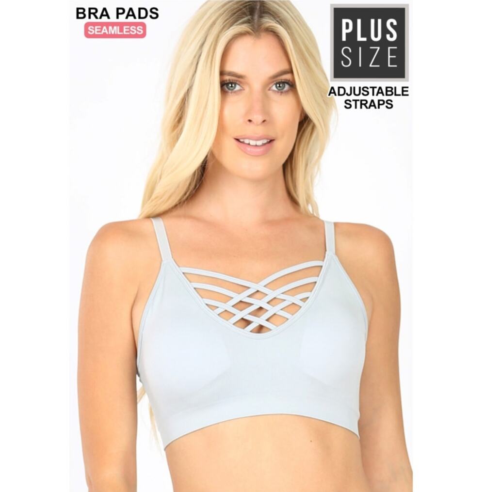 1X/2X Light Grey Front V Lattice Bralette + bra padding adjustable straps Zenana